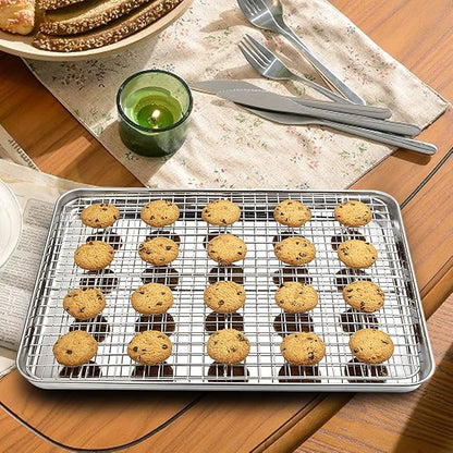 Baking Sheet with Rack Set [2 Pans + 2 Racks], Wildone Stainless Steel Cookie Sheet Baking Pan Tray with Cooling Rack, Size 16 x 12 x 1 Inch, Non Toxic & Heavy Duty & Easy Clean
