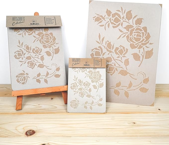 NAKLEO Painting Stencil for Crafts A4 8.3” x 11.8”, Rose Flower Ornament Pattern, Reusable Plastic DIY & Scrapbooking Drawing Template, Decoupage Art Home Decor, Wall Wood Fabric Furniture