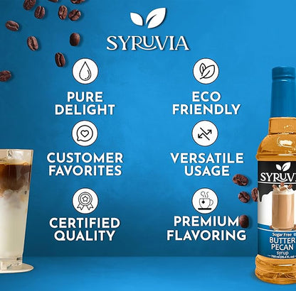 Syruvia Sugar Free Coffee Syrup, Butter Pecan Flavored Syrup for Drinks, Lattes, and Desserts – 25.4 fl oz, With Pump