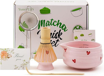 5pcs Premium Matcha Set,Ceramic Bowl with Spout and Bamboo Whisk set, Ceremonical Matcha Kit for breakfast/latte,Tea Starter Making Kit,Unique Matcha Gift set (pink love)