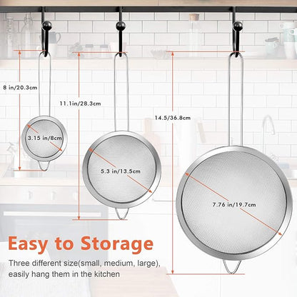 3Pcs Super Wire Extra Fine Mesh Strainer with Handle, Small Medium Large Size Sifter Metal Strainer Set, Stainless Steel Sieve Fine Mesh Strainers for Kitchen Rice Juice Quinoa Food Flour Baking YLYL