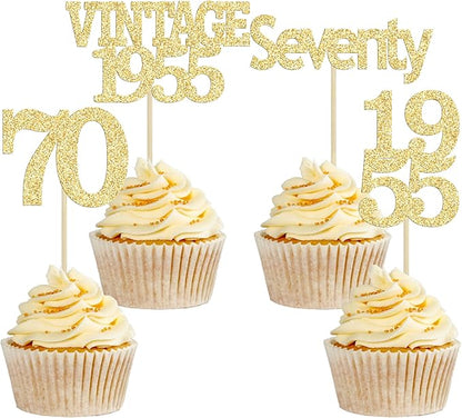 Gyufise 24Pcs 70th Birthday Cupcake Toppers Glitter Cheers to 70 Fabulous Seventy Vintage 1955 Cupcake Picks 70th Birthday Wedding Anniversary Party Cake Decorations Supplies Gold