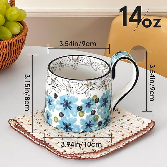 Ceramic Coffee Mug, 12oz Cute Floral Coffee Mugs with Large Handle, Blue Flower Design Stoneware Tea Cup for Office and Home