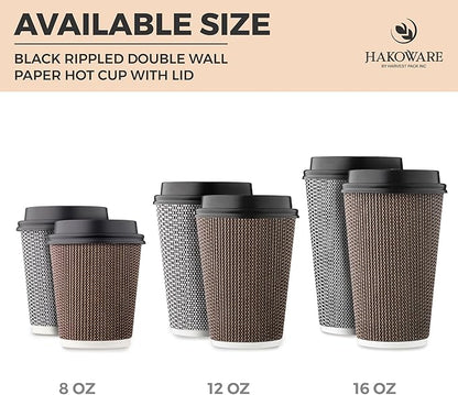 [340 SET]Harvest Pack 16 oz Disposable Coffee Cups, Insulated Ripple Double-Walled Paper Cups with Lids, Brown Geometric, Bulk Drinking Cups for Tea Hot Chocolate Drinks To go coffee cups