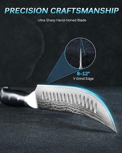 KYOKU 10" Scimitar Knife, Gin Series Cimitar Breaking Knife with Silver PVD Coating Damascus Blade, Japanese VG10 Stainless Steel Butcher Knife, Full Tang Brisket Kitchen Knife with Sheath & Case