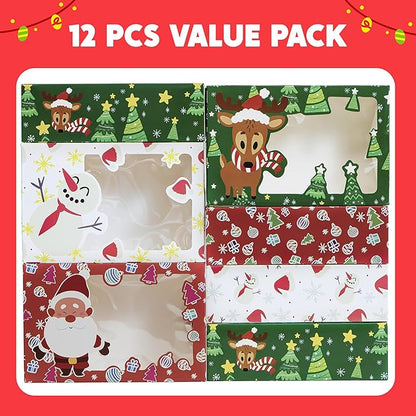 JOYIN 12 PCS Christmas Cookie Boxes for Gift Giving, 8.75" x 5.75" x 2.75" Bakery Treat Boxes Containers with Window for Xmas Holiday Birthday Party Pastries, Cupcakes, Brownies, Donuts, Baked Goods