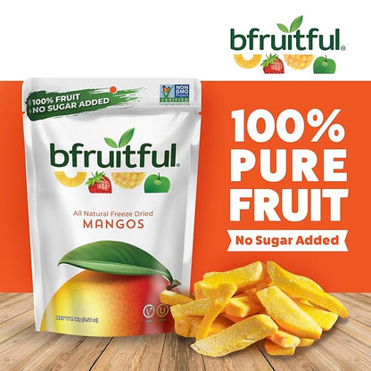 bfruitful Freeze-Dried Mango, Freeze Dried Fresh Fruit Bites, Gluten Free, Vegan, Dairy Free, Kosher, No Sugar Added, Non GMO, Healthy Snacks for Kids or Adults, 0.56 oz Single-Serve Snack Packets, 12 Pack