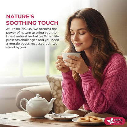 FreshDrinkUS, 40 Tea Bags - Menopause Support Herbal Tea – Soothing Blend with Rhubarb, Hibiscus, Valerian, Passiflora, Ashwagandha, Fennel & Chamomile, Caffeine-Free, Vegan, Non-GMO