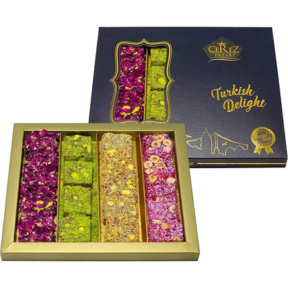 Cerez Pazari Turkish Delight Pistachio and Hazelnut with Fantastic Rose & Pomegranate Flavour Experience in Luxury Large Gift Box 500g | Assorted Gourmet, Sweet Vegan Traditional Lokum (16-20 Pcs)