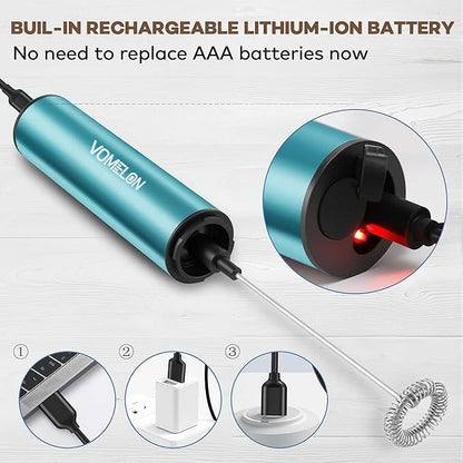 Rechargeable Milk Frother Handheld Electric Frother Wand Milk Foamer Drink Mixer for Coffee, Lattes, Cappuccino, and Egg, Stainless Steel for Travel-Light Blue