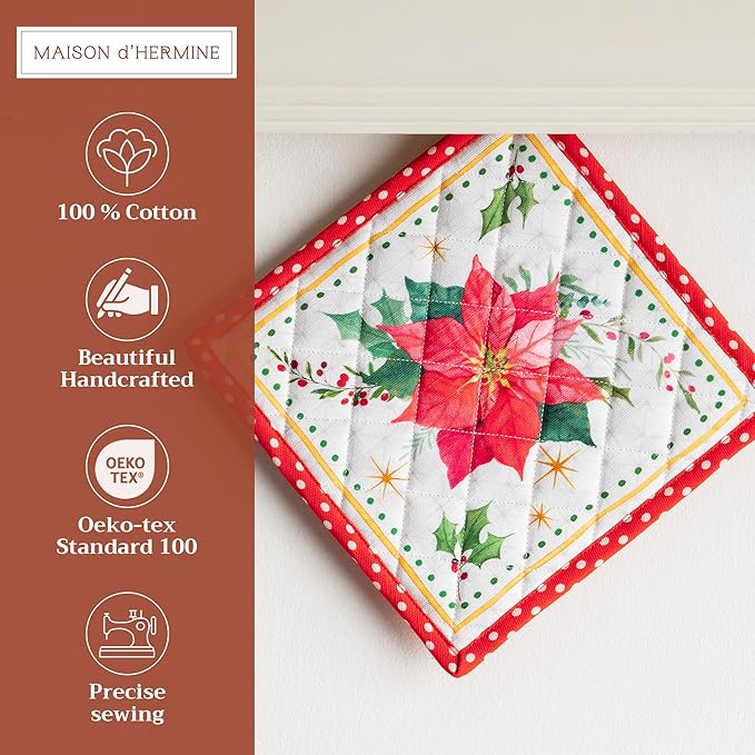 Maison d' Hermine Pot Holders Set 100% Cotton Heat Resistant Potholders 8" x 8" Hot Pads with Loop BBQ, Cooking, Baking, Grilling, Kitchen, Handling Hot Pans (Pack of 2, Poinsettia Christmas)