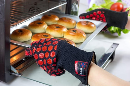 J H Heat Resistant Oven Glove:EN407 Certified 932 °F, 2 Layers Silicone Coating, Oven Mitts for Cooking, Kitchen, Fireplace,Camping, Grilling