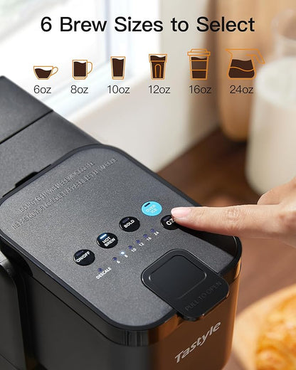 Single Serve Hot & Iced Coffee Maker with Strong Brew, 40oz Removable Reservoir, 6 Brew Sizes, Compatible with K Cup and Grounds, Compact for Home, Office, RV and Dorm, Black (2.0 Version)