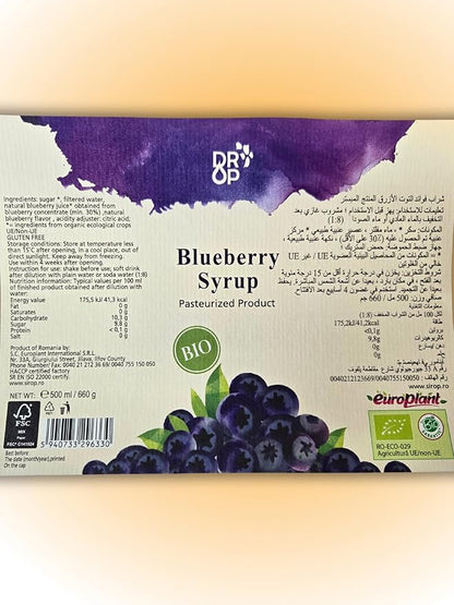 DROP Pure Organic Blueberry Flavor Bio Syrup-16.9oz (500ml), Natural 30% Concentrate Fruit Syrups,Great For Cocktails,Bevarages,Coffee,Shaved Ice and Ice-Cream,Gluten-Free, NON-GMO Snow Cone Syrup