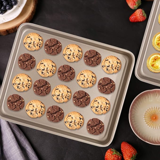 Toaster Oven Pans Set of 2, Shinsin 11-Inch Nonstick Baking Sheet Pans and Trays, 1/8 Thicker Replacement Small Baking Tray Accessories for Cookie, Non Toxic and Easy Clean and Diswasher Safe, Gold