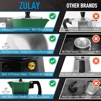 Zulay Kitchen Stovetop Espresso Maker - Moka Pot 6 Espresso Cups - Percolator Coffee Maker for Classic Cuban & Italian Style Espresso - Portable Coffee Maker for Camping & Travel - (Green/Black)