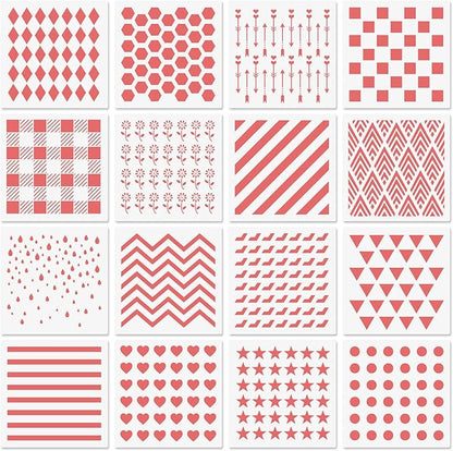 6x6in Cookie Stencils for Royal Icing Cookies Sugar Cookie, 16 Pcs Reusable Plastic Biscuit Cake Stencils with Checkered Buffalo Plaid Star Dots Shape for Airbrush Baking Craft Drawing DIY Art Decor