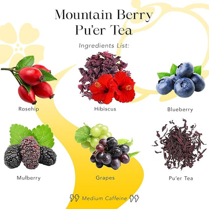 MyRoyalte Mountain Berry Puerh Tea Organic - Hibiscus Tea Loose Leaf Tea With Blueberries Grapes Mullberries - Pu'er tea Rosehip Tea - Organic Herbal Tea Chinese Tea Gift Idea for Tea Lovers - 3 oz