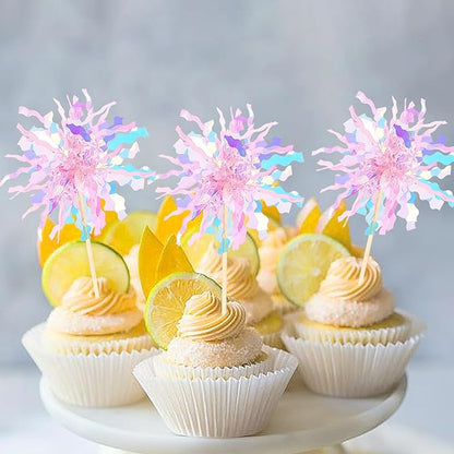 30 PCS Foil Firework Cupcake Toppers Sparkle Tinsel Cupcake Picks Happy Birthday Cake Toppers Drink Stirrers Cocktail Food Fruit Toothpicks for Baby Shower Wedding Party Decorations Supplies Pink