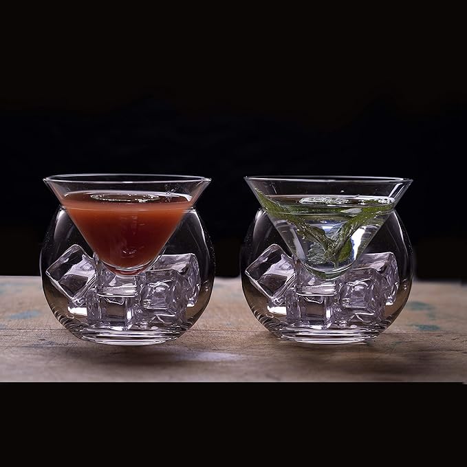 LEMONSODA Stemless Martini Glasses with Chiller - Elegant Cocktail Glass Set with Cavier Server Bowl - Beautiful Bar Martini Gift Set for Margarita, Cosmopolitan, Manhattan Cocktails (Set of 2)
