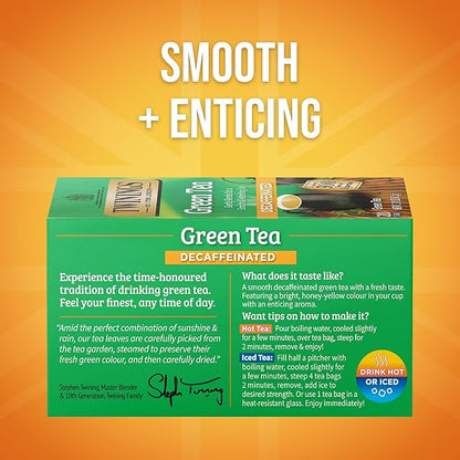 Twinings Decaffeinated Green Tea Individually Wrapped Bags, 20 Count (Pack of 1), Smooth Flavour, Enticing Aroma, Enjoy Hot or Iced, 20 Teabags
