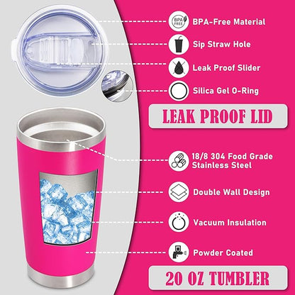 20 oz Tumbler Coffee Tavel Tumblers Bulk with Lid Stainless Steel Double Wall Vacuum Insulated Mug Powder Coated Cups fit Car Cupholder for Hot and Cold - Hot Pink, 8Pack