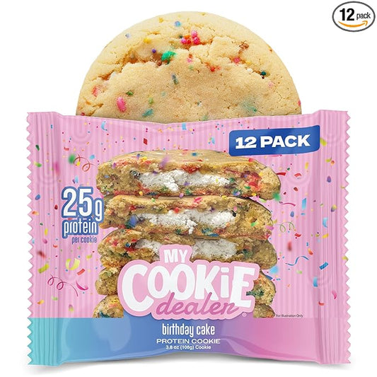 My Cookie Dealer Protein Cookies, Birthday Cake (12-Pack, 3.8oz Each) - 25g of Protein per Cookie - Individually Wrapped Workout Snacks for On-The-Go Travel