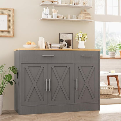 Vongrasig Sideboard Buffet Cabinet with Storage, 43” Farmhouse Coffee Bar Storage Cabinet with Drawers and Shelves, Modern Buffet Table for Kitchen, Dining Room, Grey