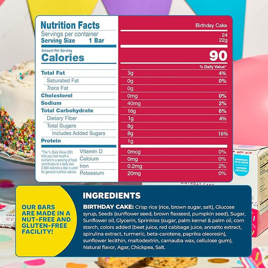 Blake’s Seed Based Crispy Treats – Birthday Cake (24 Count), Nut Free, Gluten Free, Dairy Free & Vegan, Healthy Snacks for Kids or Adults, School Safe, Low Calorie Soy Free Snack