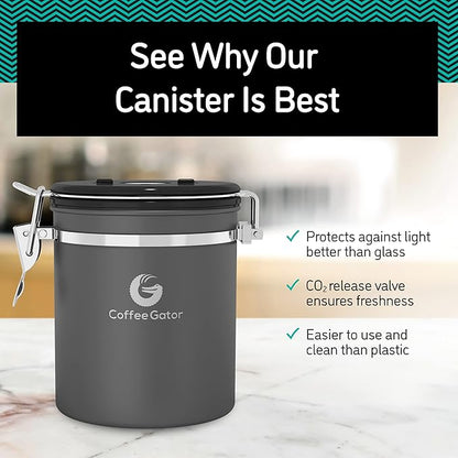 Coffee Gator Coffee Canister, 2pack 22oz Airtight Stainless Steel Kitchen Food Storage Container with Date Tracker, Scoop for Sugar, Grounds, Beans,Tea, Cereal, Flour, Cookies Jars - Gray&Silver