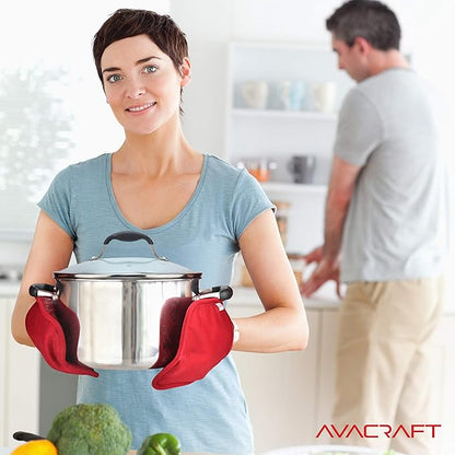 AVACRAFT Red Pot Holders Set, Flexible, 100% Cotton with Non-Slip Heat Resistant Silicone Design, Thick Terry Cloth Interior, Hot Pads, 500 F Heat Resistant Kitchen Mitts (Red Pot Holder)