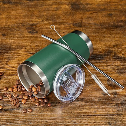 COMOOO 20oz Double Wall Vacuum Insulated Travel Mug, Stainless Steel Tumbler with Lid and Straw Durable Powder Coated Insulated Coffee Cup for Cold & Hot Drinks（Dark Green, 1 Pack）