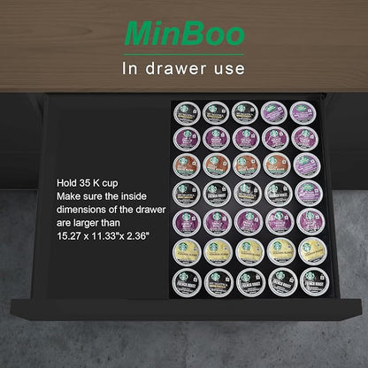 MinBoo BamBoo k cup holder Drawer or Countertop k cup Organizer Coffee Pod Holder Hold 35 Coffee Pod Storage Kcup coffee pods holder for coffee station Office and Kitchen k cup storage,Black