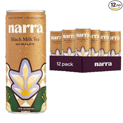 Narra, Oat Milk Tea Latte - Black Tea, Natural Caffeine & L-Theanine, Organic Oat Milk, MCT Oil, Vegan, Dairy Free, No Refined Sugar, Non-GMO, 7.5 Fl Oz (12 Pack)