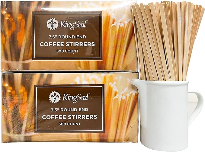 1000 Count | KingSeal Natural Birch Wood Coffee Beverage Stirrers, Stir Sticks, Waxing Sticks, 7.5 Inches, Round End, Eco-Friendly - 2 Packs x 500 Stirrers