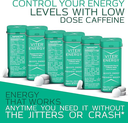 Viter Energy 40mg Caffeine Mints - Sugar Free, B Vitamins, Vegan, Boosts Fast Energized Alert Focus, Caffeinated Nootropic Supplement Pills (Peppermint Flavor, 20pcs, 6 Pack, 120pcs Total)