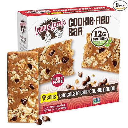 Lenny & Larry's Cookie-fied Bar – Chocolate Chip Cookie Dough Vegan Protein Bars 9x45g – Healthy Snacks with 12g Plant Protein & 5g Fiber – Gluten free Power Bar, Keto Friendly, Non-GMO & Vegan