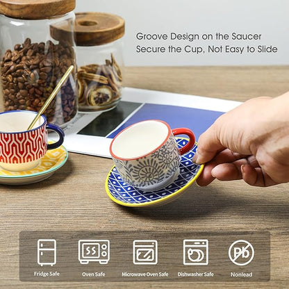 Selamica Ceramic Cappuccino Cups with Saucers and Metal Stand, 8 OZ Stackable Espresso Coffee Cups for Coffee, Latte, Americano, Tea, Set of 4, Assorted Colors
