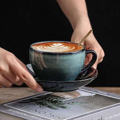 Porcelain Coffee Cup with Saucer Spoon, Vintage Design Ceramic Latte Art Cappuccino Barista Espresso Tea Cup with Saucer (11.6 oz, 350ml, Mist Green)