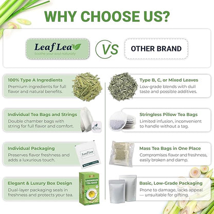 LeafLea 80 Premium Lemongrass Tea Bags, Natural Herbal Lemongrass Leaves, Te de Limoncillo for Digestion Support, Light & Soothing Taste, Caffeine-Free, Sugar-Free, Vegan, Individually Wrapped