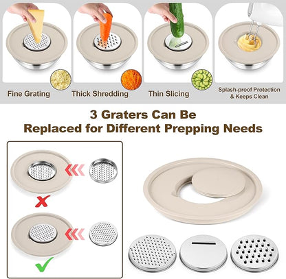 TeamFar Mixing Bowls, Stainless Steel Nesting Salad Bowl with Lids & 3 Graters, For Kitchen Cooking Serving Prepping, Airtight & Non-Slip, Size 4.6/3.5/2/1.5/1/0.7 QT, Set of 5 & Khaki
