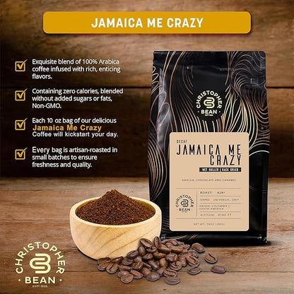 Christopher Bean Coffee - Certified Kosher - Decaf Ground Universal Drip Jamaica Me Crazy Flavored Coffee | Coffee Beans with Medium Roast 100% Arabica, No Sugar, No Fats, Non-Gmo | 10 - Ounce Bag