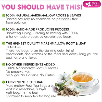 FreshDrinkUS, Premium 55 Marshmallow Root and Leaf Tea Bags, 100% Natural & Pure. Loose Leaf Marshmallow Herbal Tea. Made with Eco-Conscious Tea Bags. No Sugar, No Caffeine, No Gluten, Vegan.