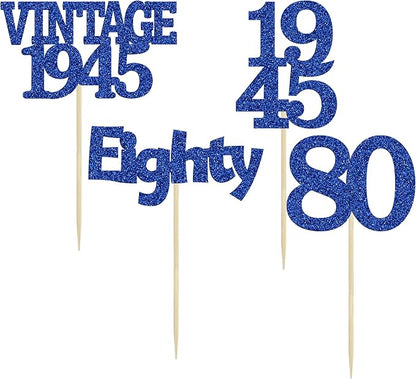 Gyufise 24Pcs Vintage 1945 Cupcake Toppers Glitter Cheers to 80 Fabulous Eighty Cupcake Picks 80th Birthday Wedding Anniversary Party Cake Decorations Supplies Deep Blue