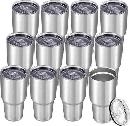 30 oz Tumbler with Lid Stainless Steel Tumblers Bulk Vacuum Insulated Cup Reusable Powder Coated Travel Mug Double Wall Leak Proof Cups Keep Cold Drinks for 12 Hours Stainless, Set of 12