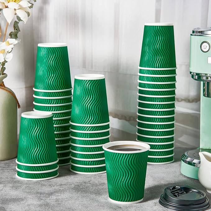 100 Count 8 OZ Coffee Cups with Lids, Insulated Ripple Wall Paper Hot Coffee Cups for Hot Drinks