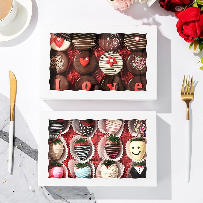 24 PCS 9.5" x 6" x 2" Bakery Boxes with Window for Cookies, Cakesicle, Chocolate Bomb, Macaron, Chocolate Covered Strawberries and Pretzel Rods