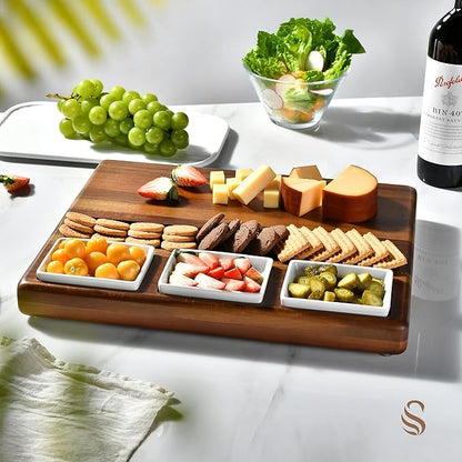 Shanik Large Acacia Wood Charcuterie Board Set with 3 Removable Ceramic Bowls & Serving Utensils - Housewarming, Wedding, Bridal Shower, Home and Kitchen, New Home Gift Ideas for Women, Gifts for Her