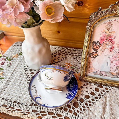 ACMLIFE Bone China Tea Sets, Blue and Gold Tea Set for Adults Porcelain Tea Cup Set, Cup and Saucer Set Vintage Floral for Women Party or Christmas Gifts Giving (china blue)