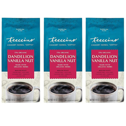 Teeccino Dandelion Vanilla Nut Herbal Coffee - Caffeine-Free Coffee Alternative with Prebiotics, Gluten Free, Acid Free - Medium Roast, 10 oz, Pack of 3